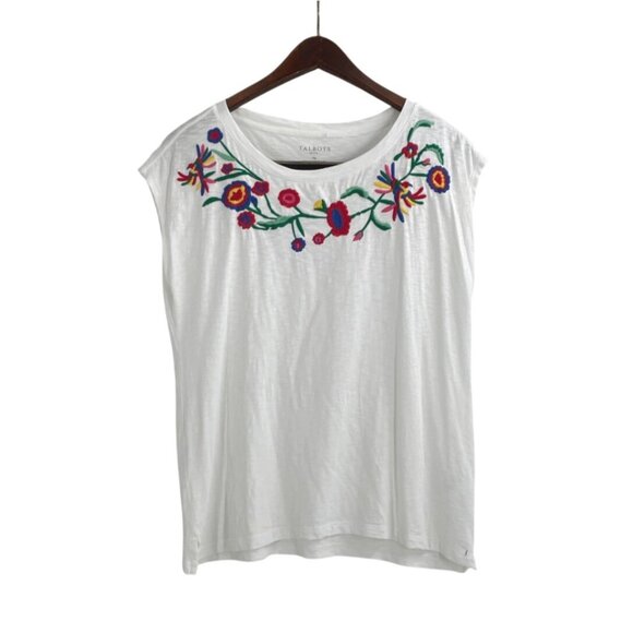 Talbots Petite Medium Womens White Embroidered Floral Sleeveless Shirt Feminine - Picture 1 of 7